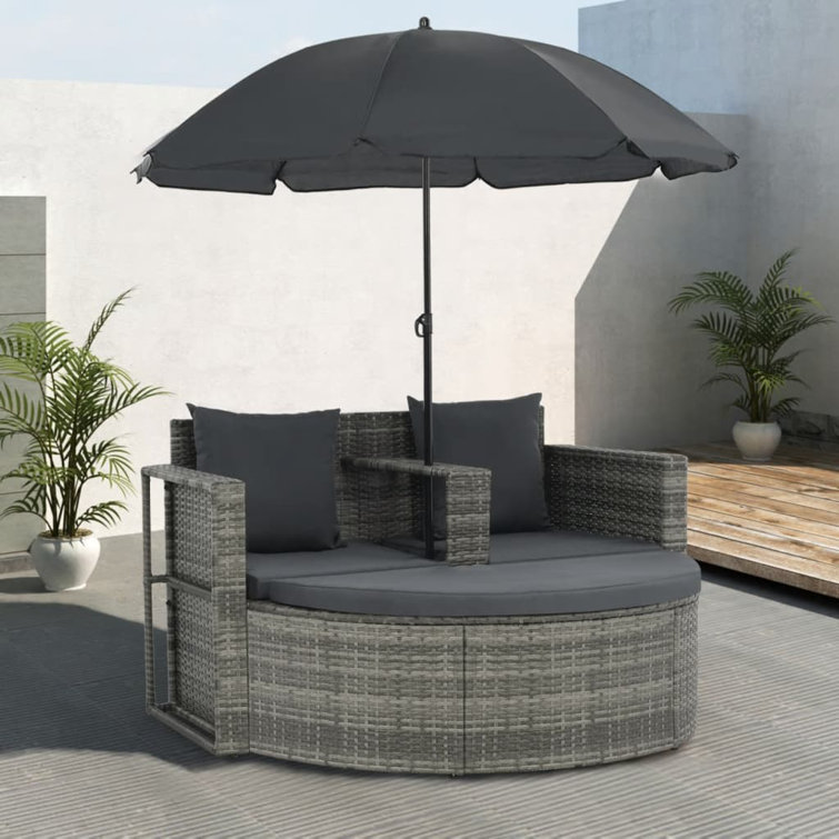 Patio Bed Outdoor Patio Lounger Wicker Daybed with Parasol Poly Rattan